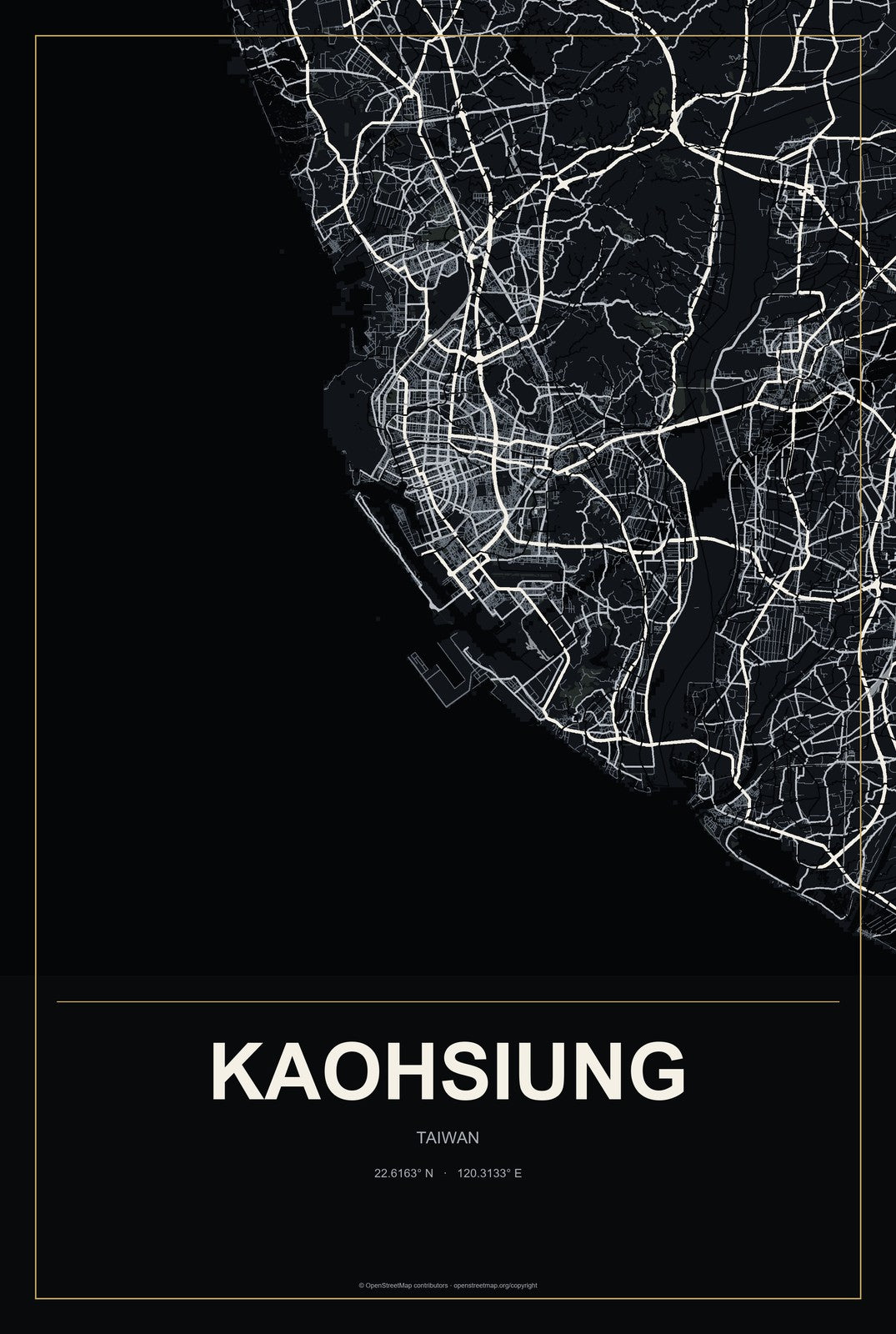 Kaohsiung, Taiwan City Map Aluminum Sign in Metropolitan Noir style
