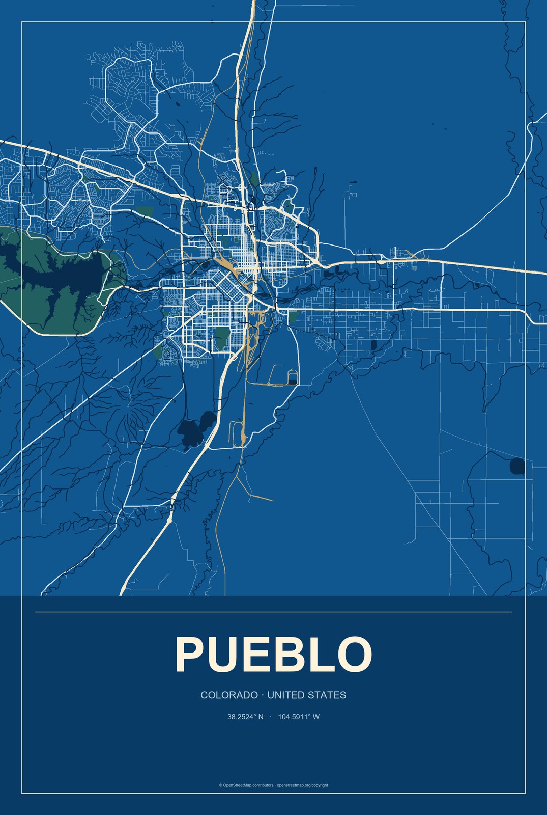 Pueblo, Colorado City Map Aluminum Sign in Harbor Cobalt style
