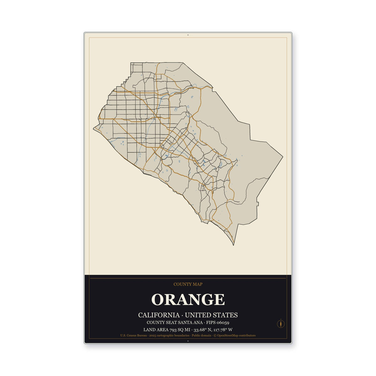 Orange County, California Map Aluminum Sign in Museum Plaque style