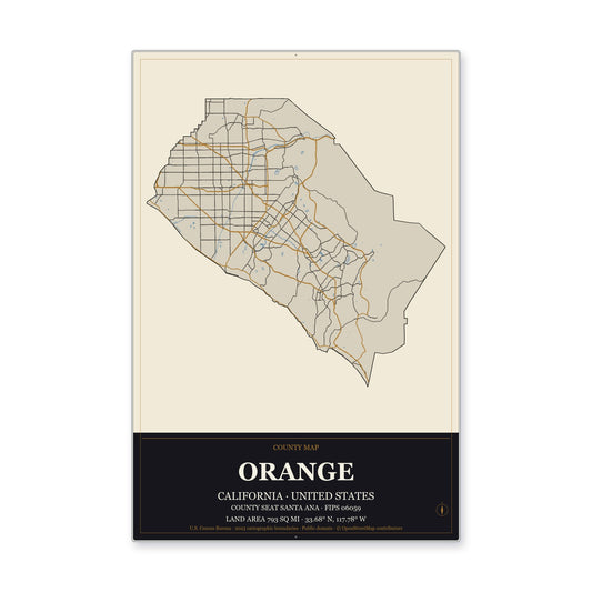 Orange County, California Map Aluminum Sign in Museum Plaque style