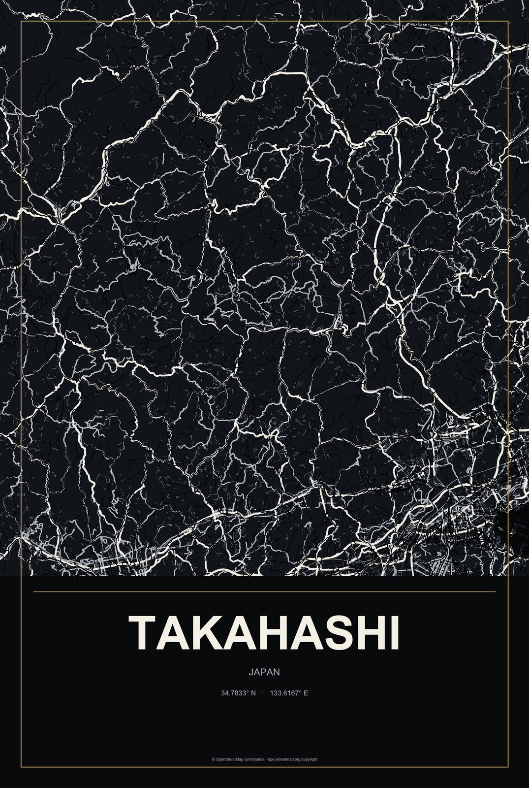 Takahashi, Japan City Map Aluminum Sign in Metropolitan Noir style