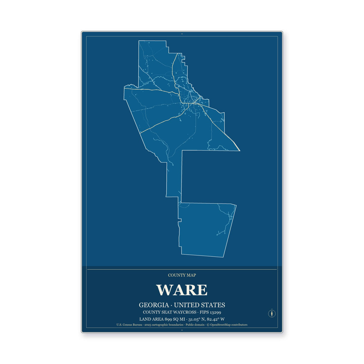 Ware County, Georgia Map Aluminum Sign in Harbor Cobalt style