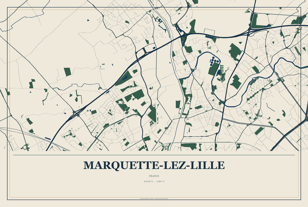 Marquette-lez-Lille, France City Map Aluminum Sign in Coastal Cutout style