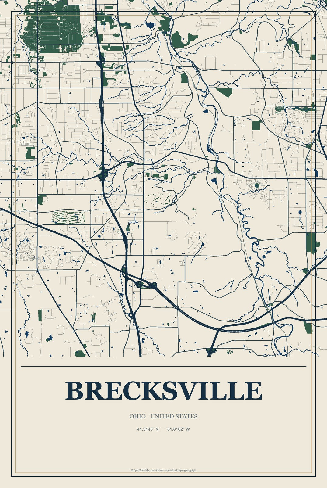 Brecksville, Ohio City Map Aluminum Sign in Coastal Cutout style