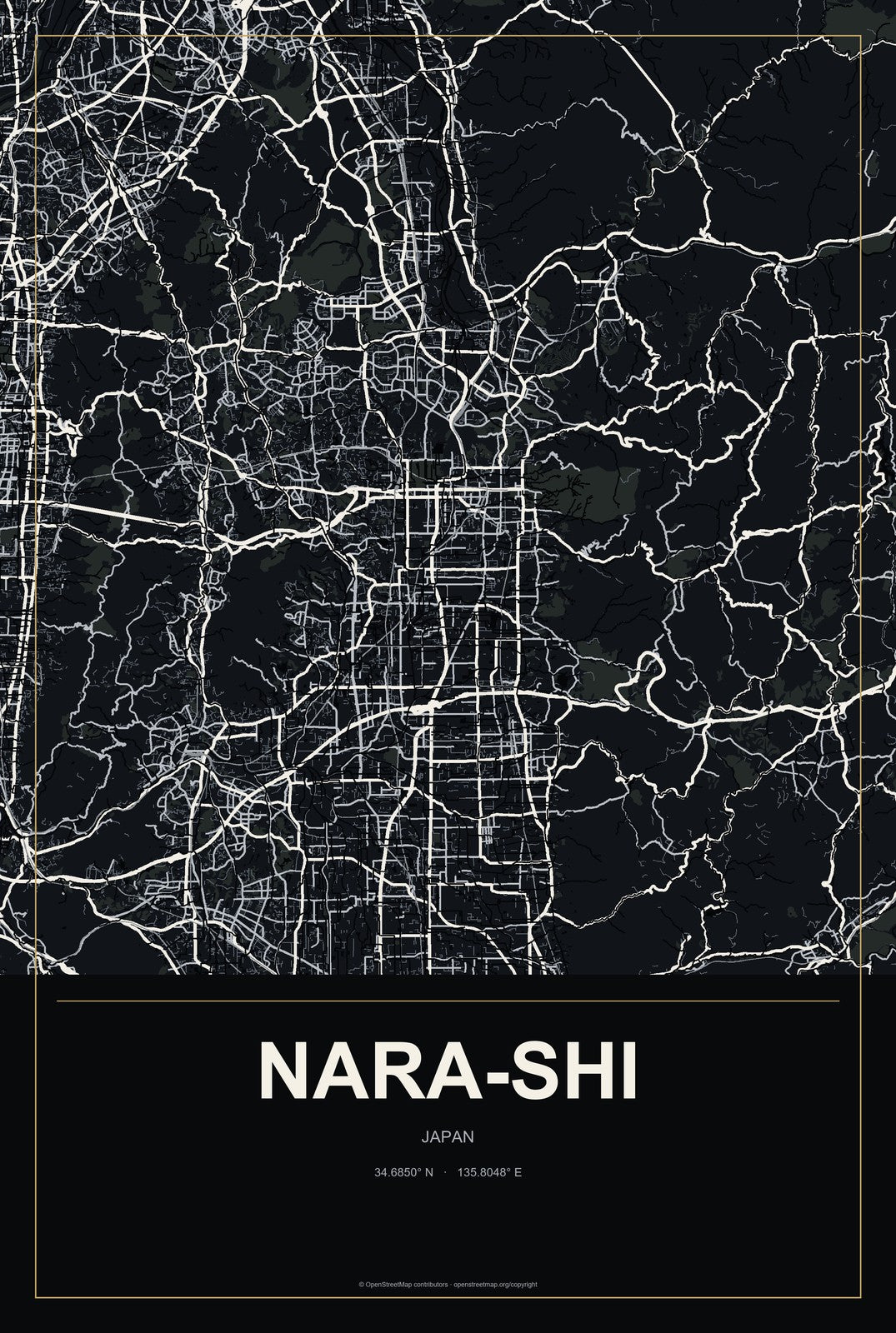 Nara-shi, Japan City Map Aluminum Sign in Metropolitan Noir style