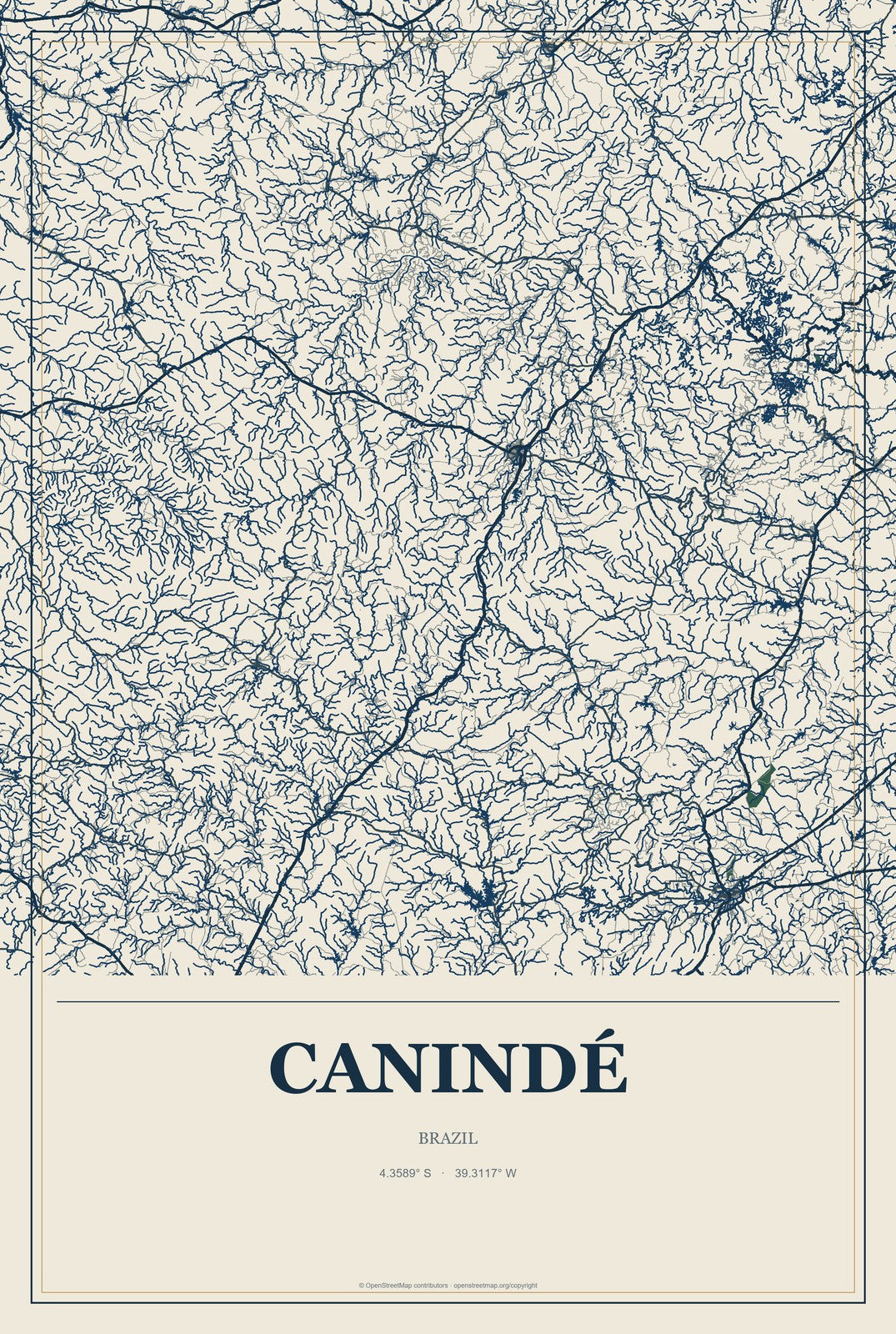 Canindé, Brazil City Map Aluminum Sign in Coastal Cutout style