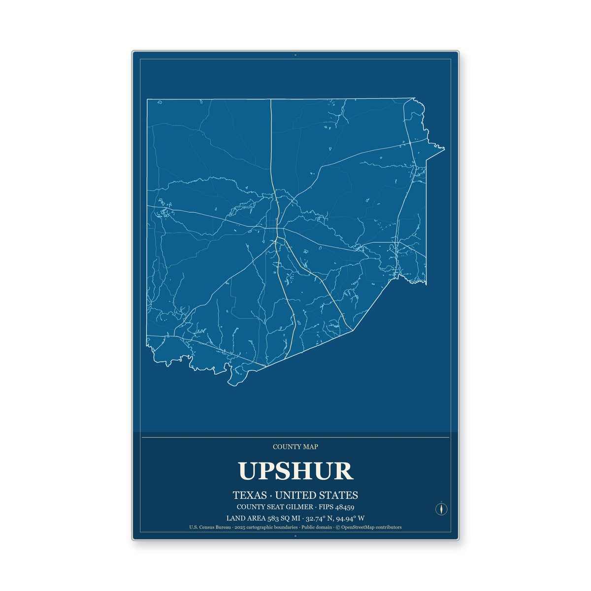 Upshur County, Texas Map Aluminum Sign in Harbor Cobalt style