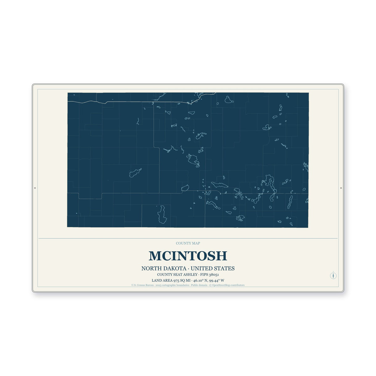 McIntosh County, North Dakota Map Aluminum Sign in Coastal Cutout style