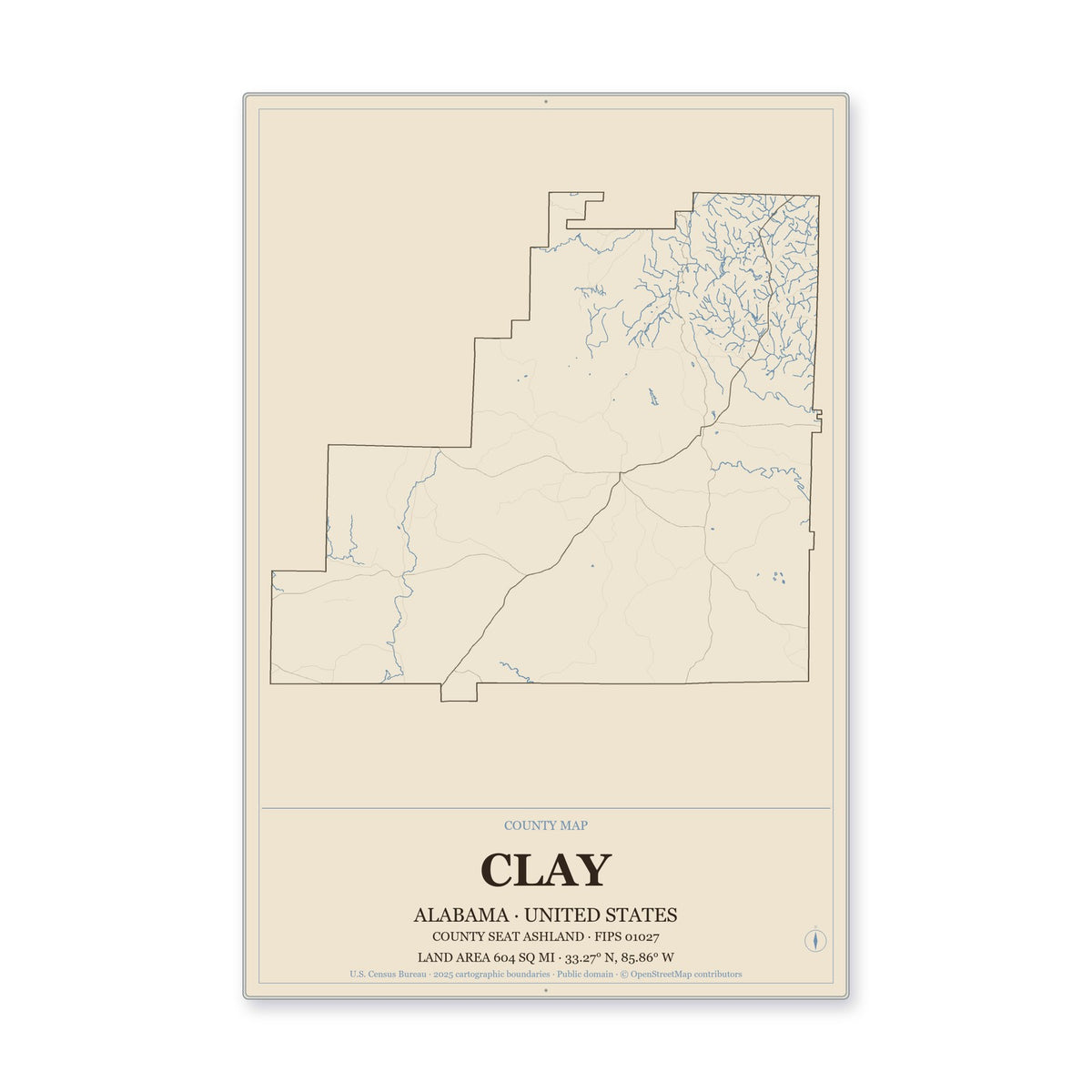 Clay County, Alabama Map Aluminum Sign in Heritage Nautical style