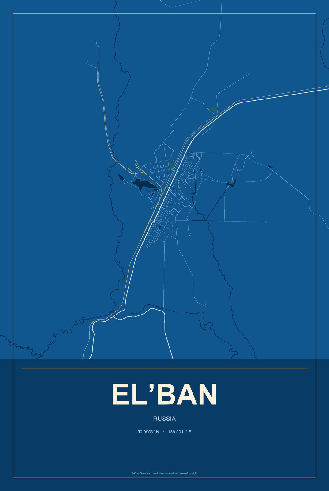 El’ban, Russia City Map Aluminum Sign in Harbor Cobalt style