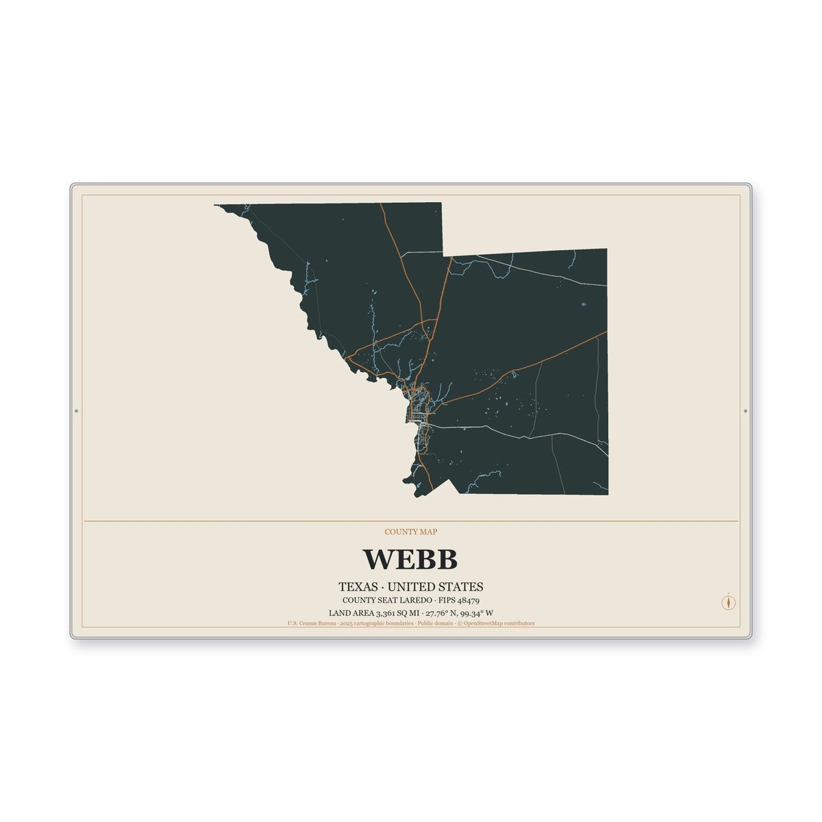 Webb County, Texas Map Aluminum Sign in Headline Atlas style