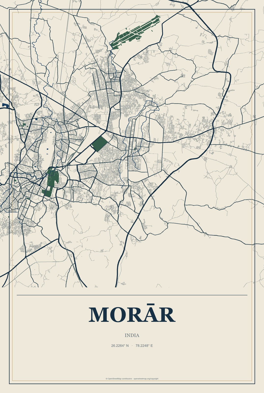 Morār, India City Map Aluminum Sign in Coastal Cutout style