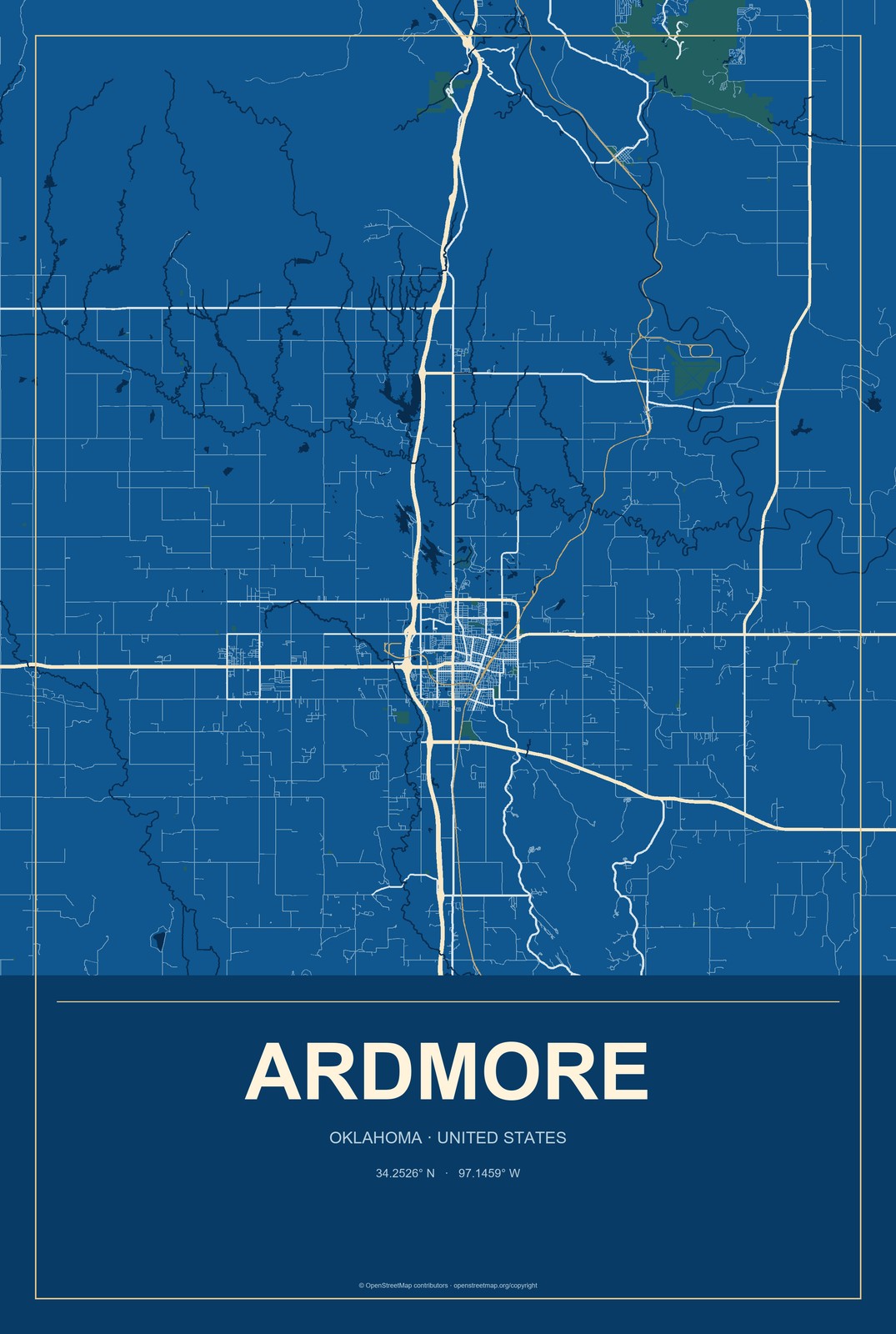 Ardmore, Oklahoma City Map Aluminum Sign in Harbor Cobalt style