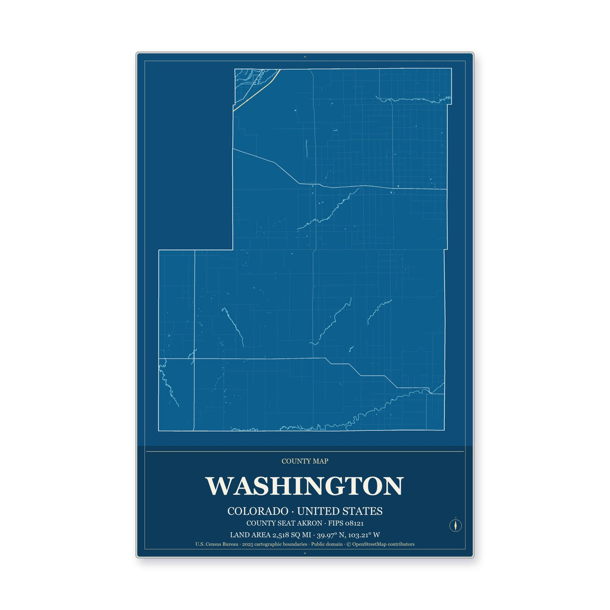 Washington County, Colorado Map Aluminum Sign in Harbor Cobalt style