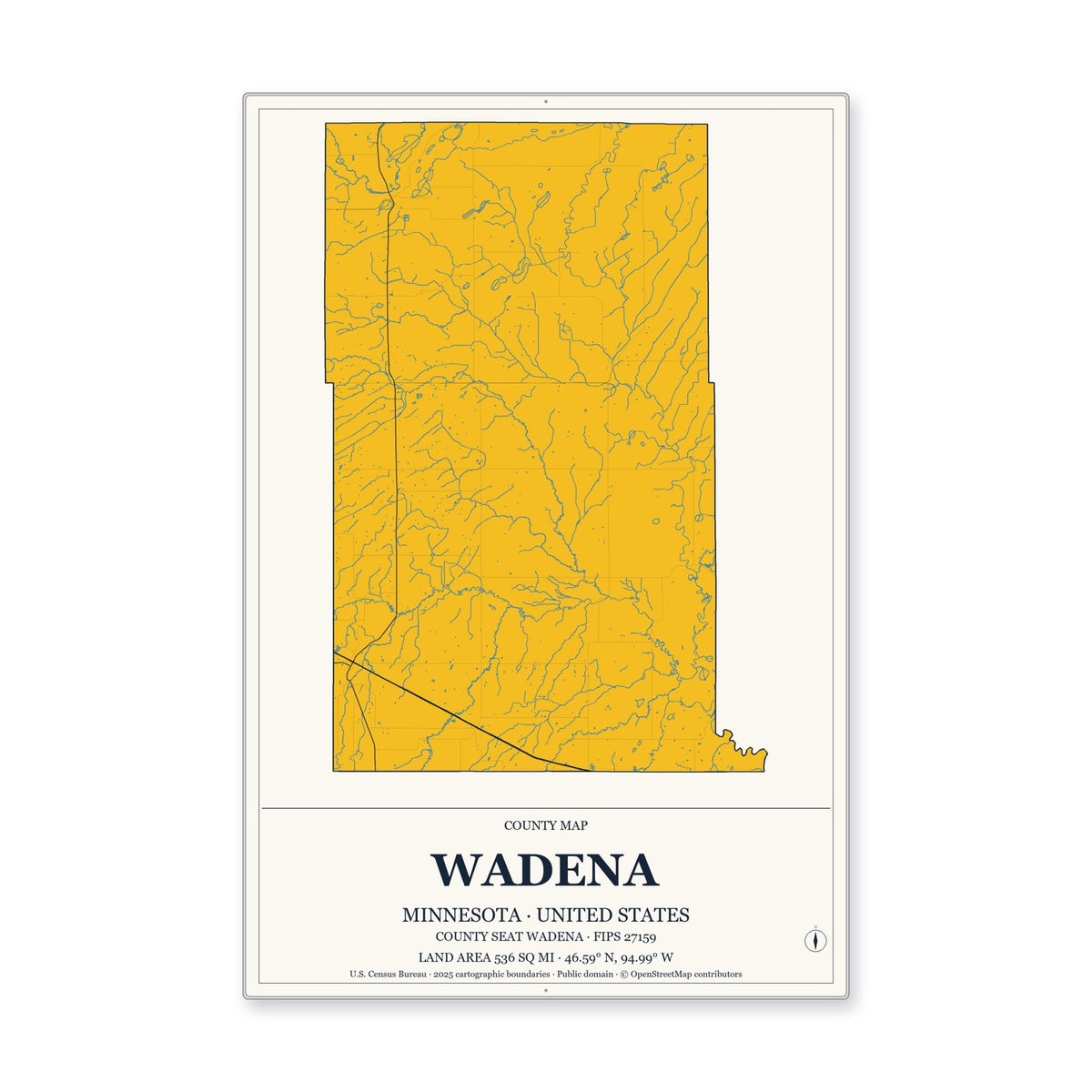 Wadena County, Minnesota Map Aluminum Sign in Citrine Modern style