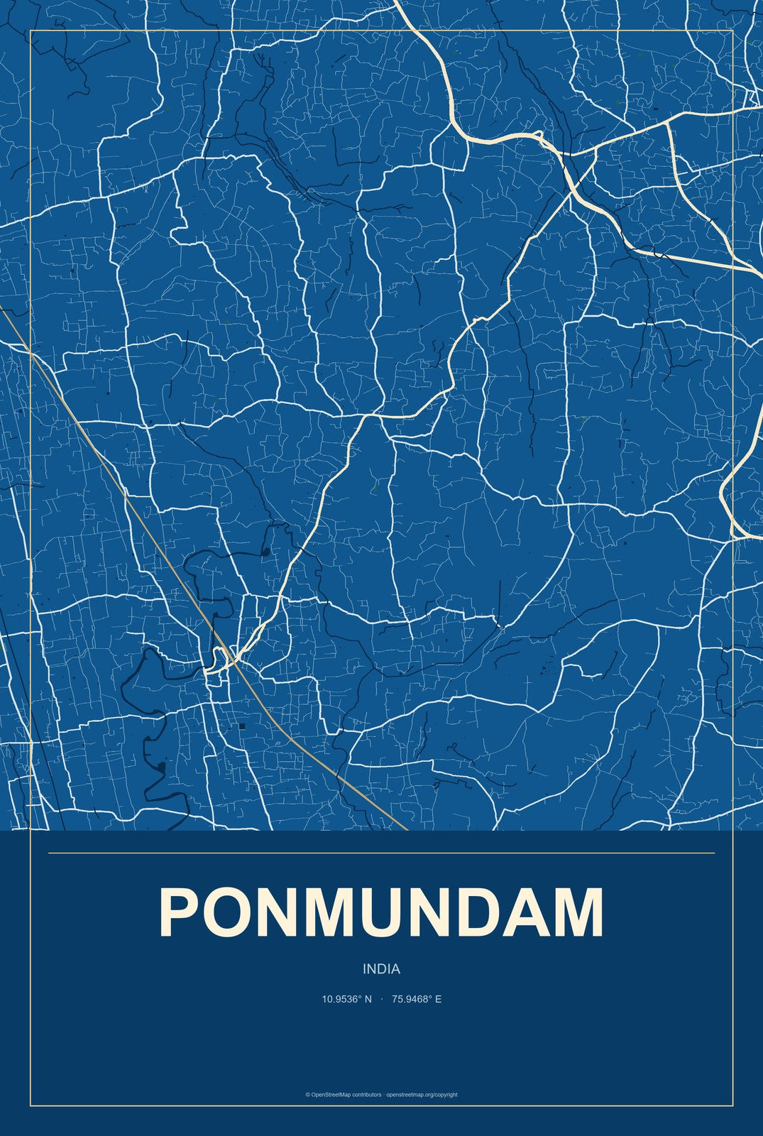 Ponmundam, India City Map Aluminum Sign in Harbor Cobalt style