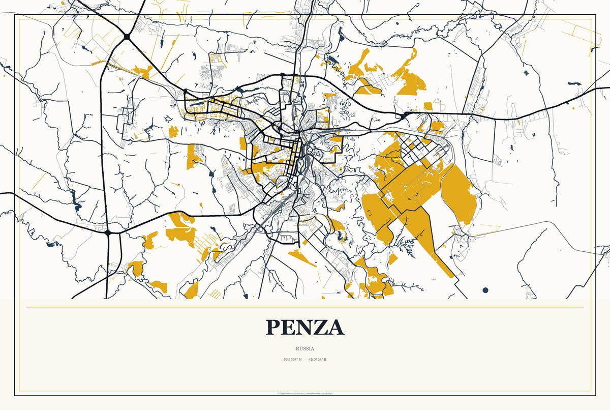 Penza, Russia City Map Aluminum Sign in Citrine Modern style