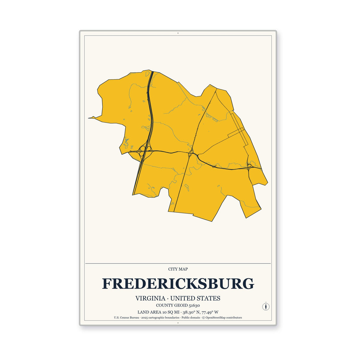 Fredericksburg city, Virginia Map Aluminum Sign in Citrine Modern style