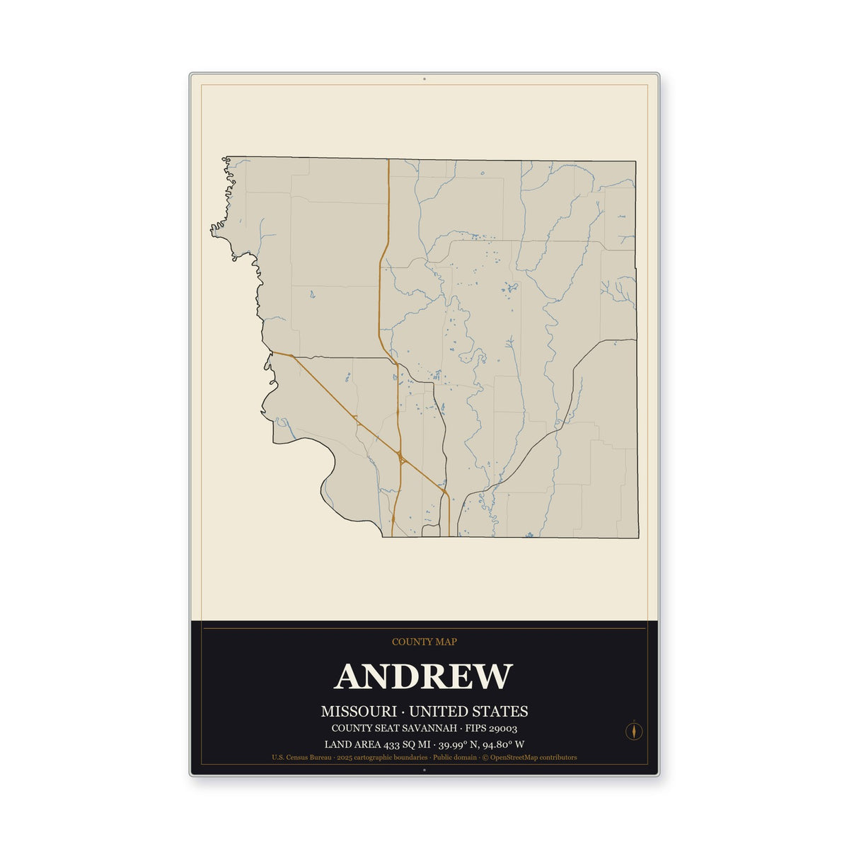 Andrew County, Missouri Map Aluminum Sign in Museum Plaque style