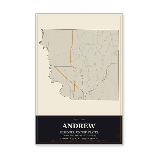 Andrew County, Missouri Map Aluminum Sign in Museum Plaque style
