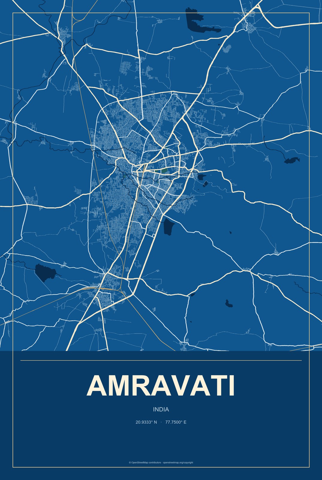 Amravati, India City Map Aluminum Sign in Harbor Cobalt style