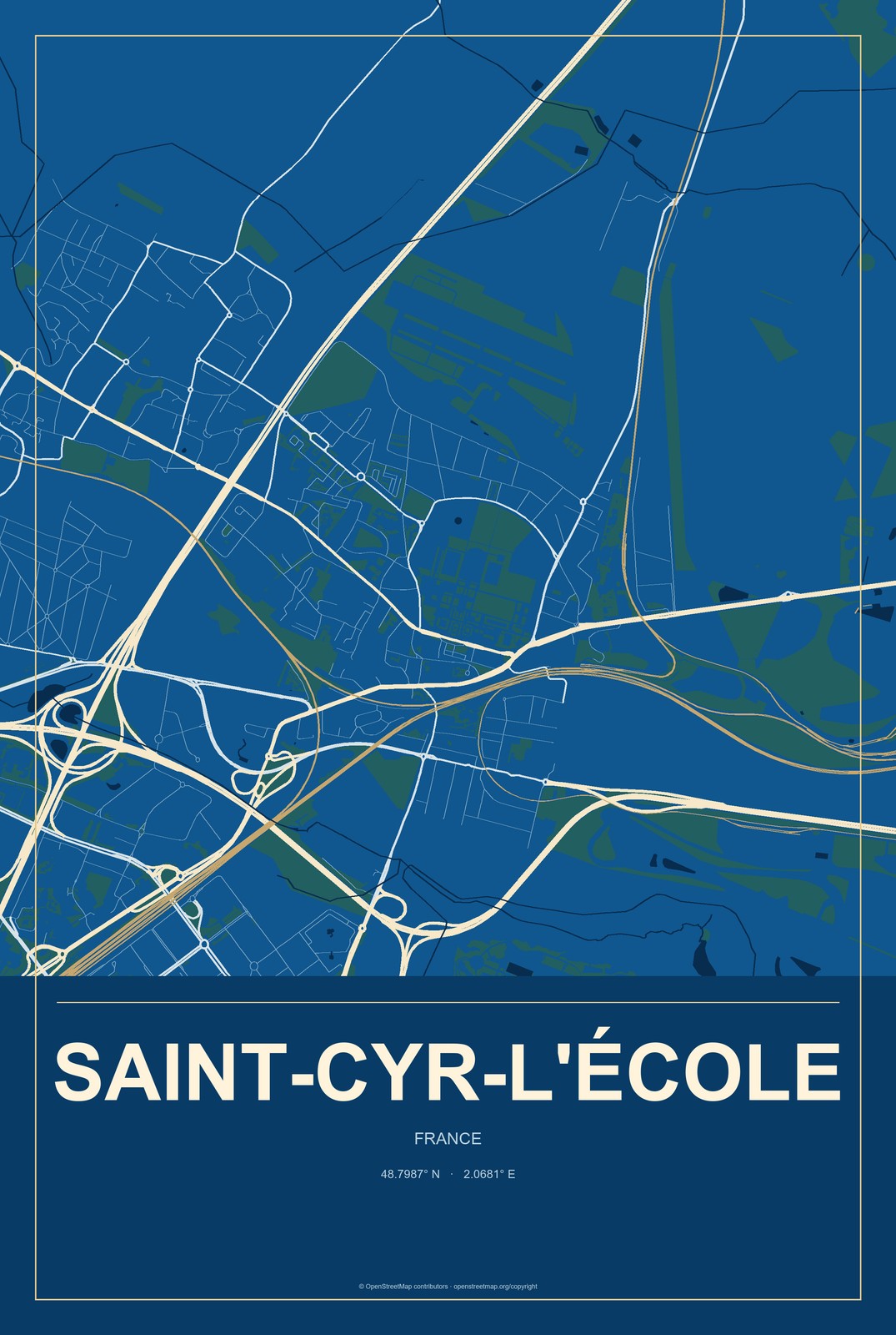 Saint-Cyr-l'École, France City Map Aluminum Sign in Harbor Cobalt style