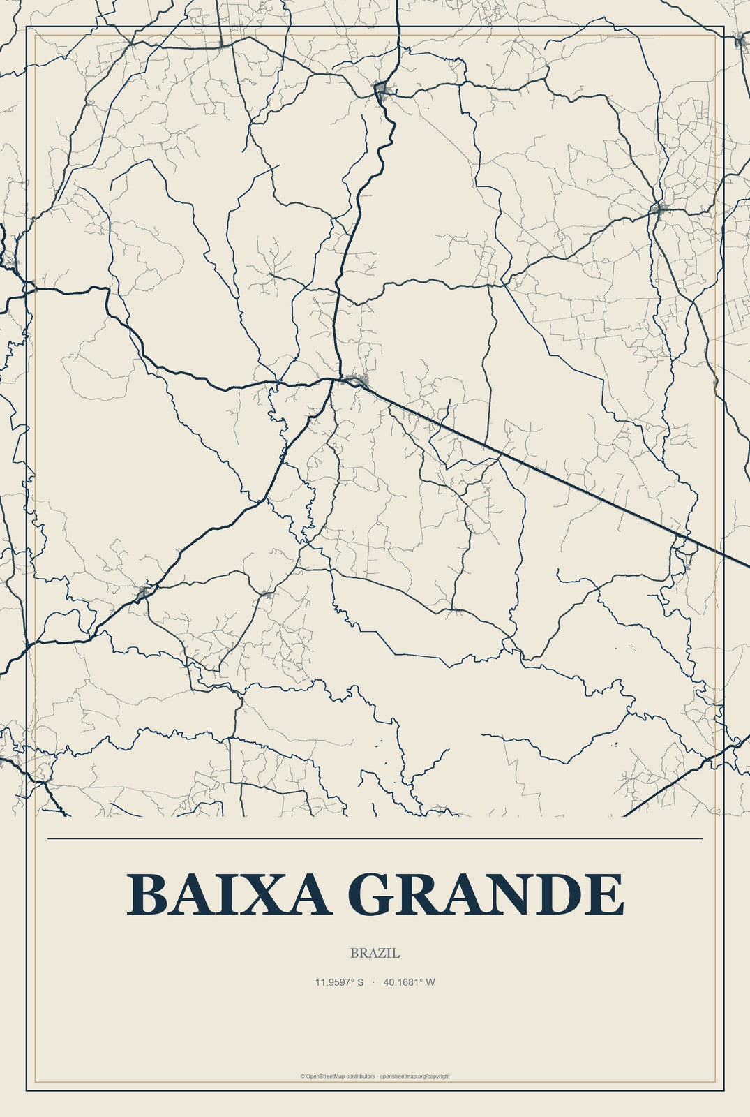 Baixa Grande, Brazil City Map Aluminum Sign in Coastal Cutout style