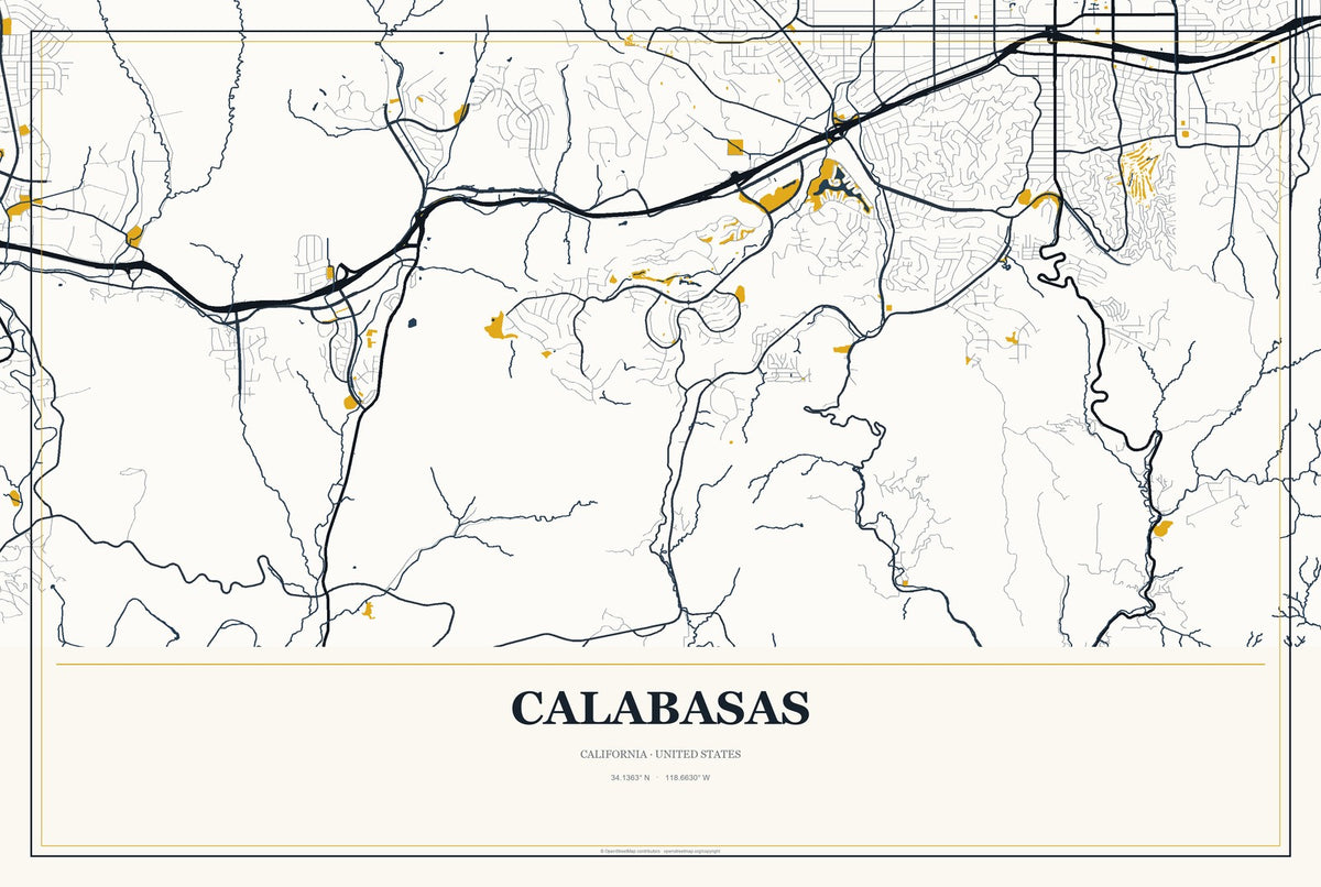 Calabasas, California City Map Aluminum Sign in Citrine Modern style