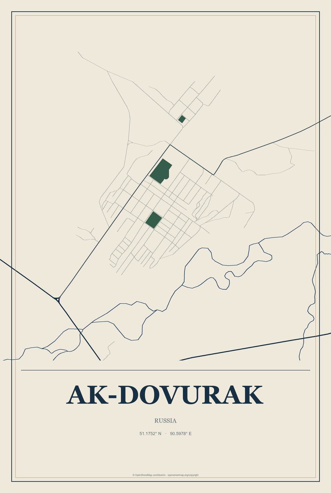 Ak-Dovurak, Russia City Map Aluminum Sign in Coastal Cutout style