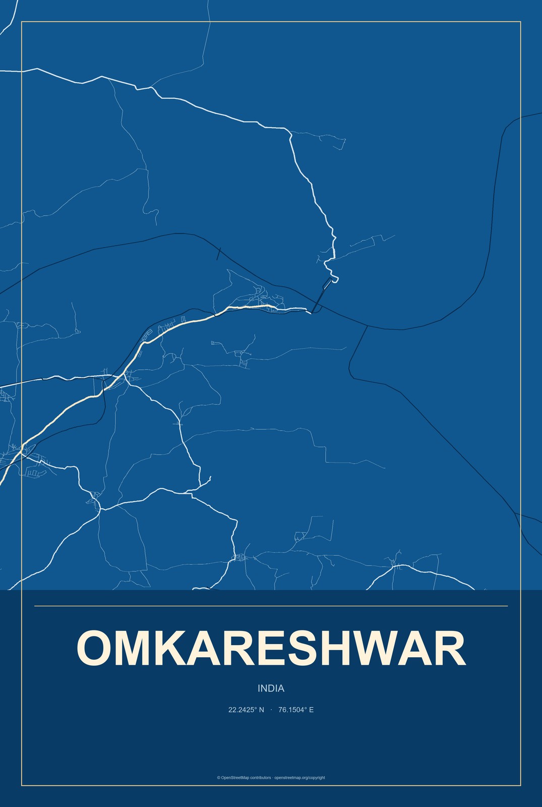 Omkareshwar, India City Map Aluminum Sign in Harbor Cobalt style