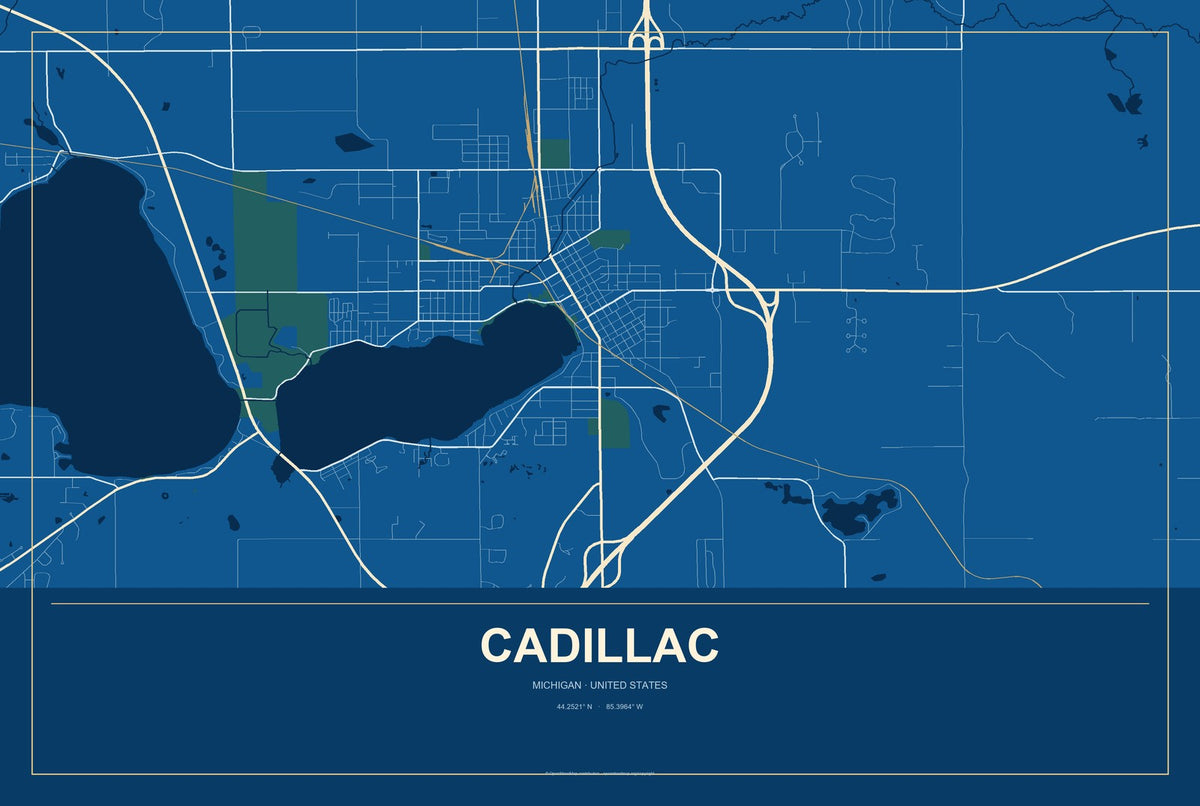 Cadillac, Michigan City Map Aluminum Sign in Harbor Cobalt style