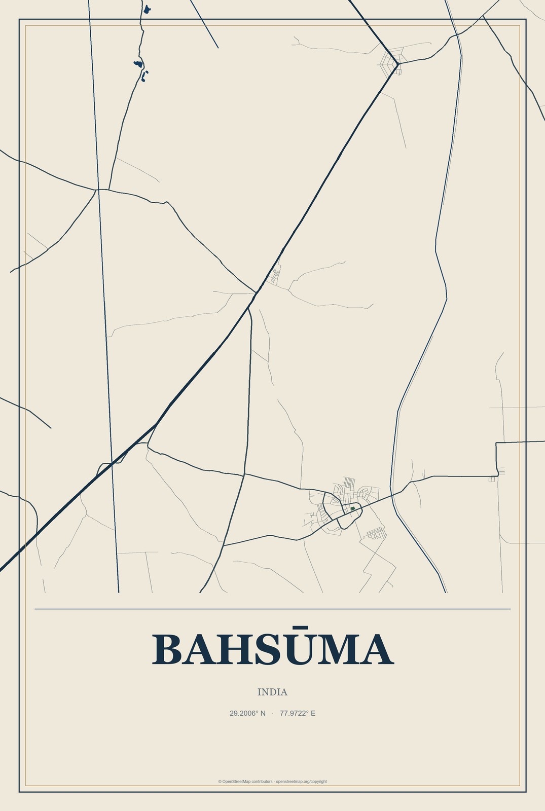 Bahsūma, India City Map Aluminum Sign in Coastal Cutout style