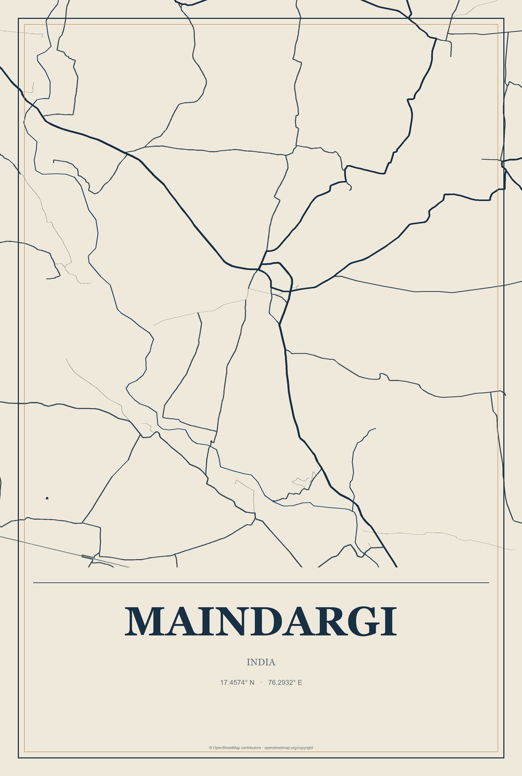 Maindargi, India City Map Aluminum Sign in Coastal Cutout style
