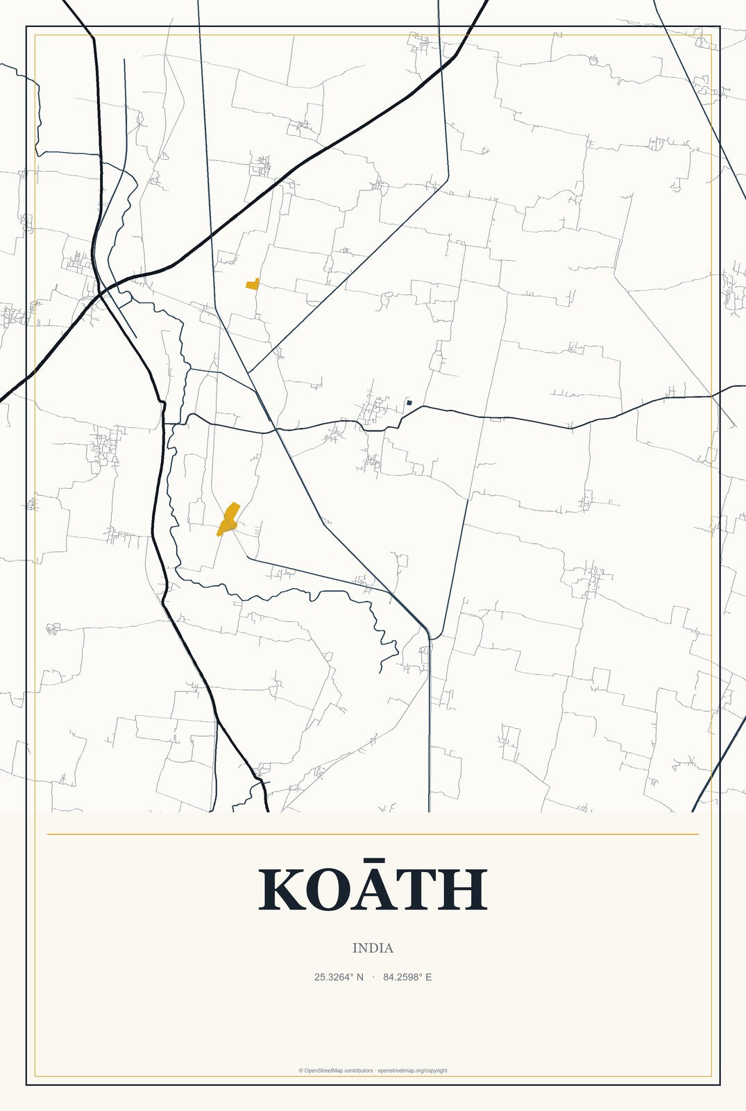 Koāth, India City Map Aluminum Sign in Citrine Modern style