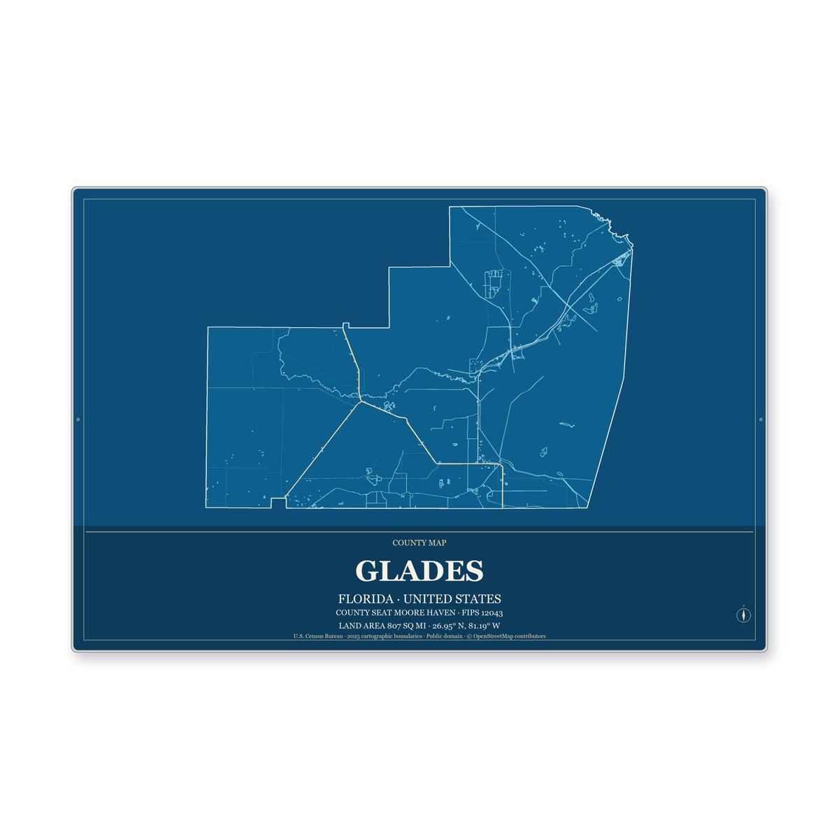 Glades County, Florida Map Aluminum Sign in Harbor Cobalt style