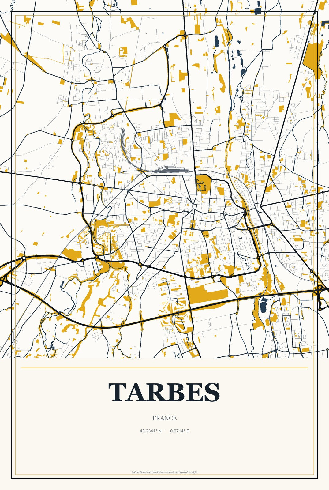 Tarbes, France City Map Aluminum Sign in Citrine Modern style