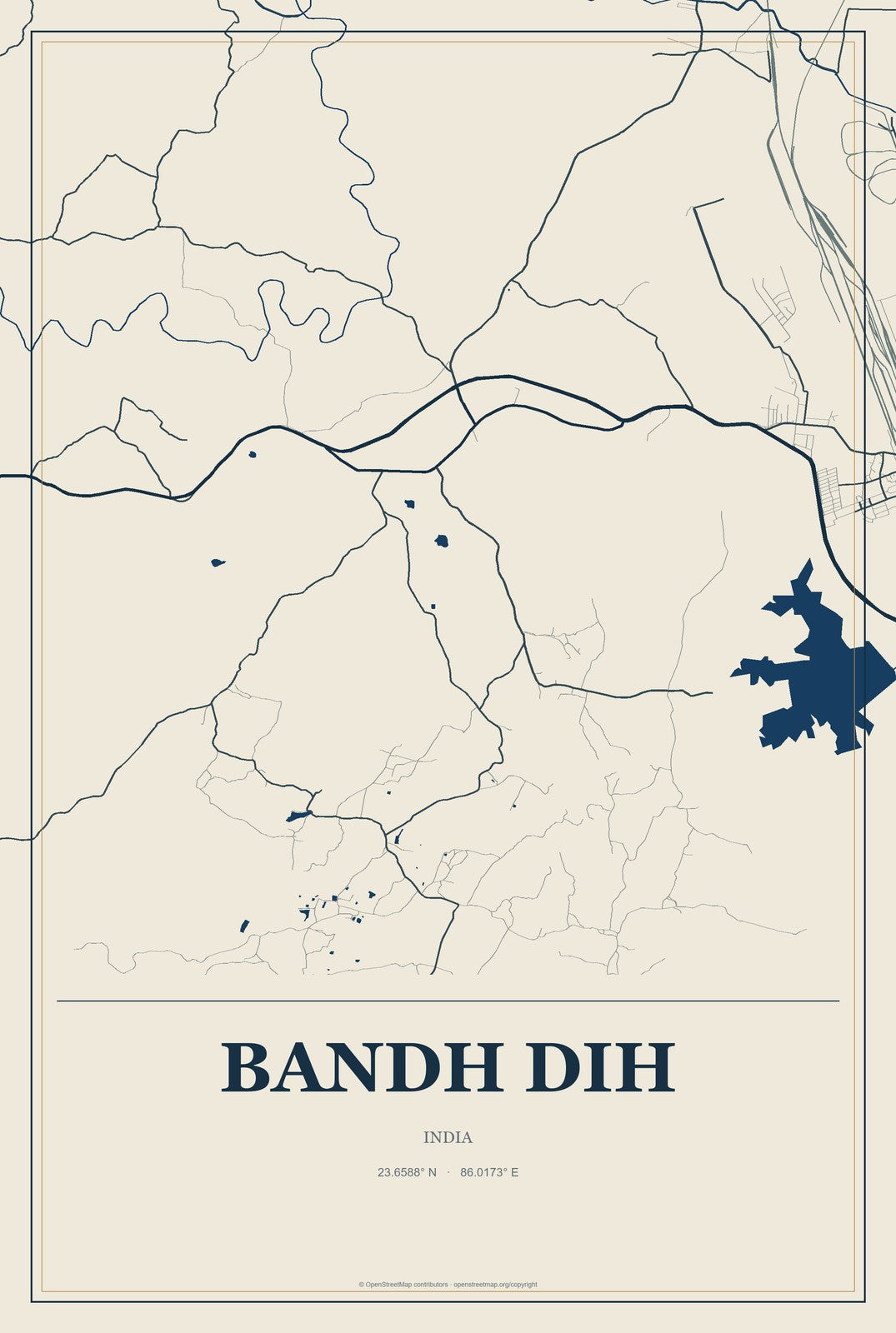 Bandh Dih, India City Map Aluminum Sign in Coastal Cutout style