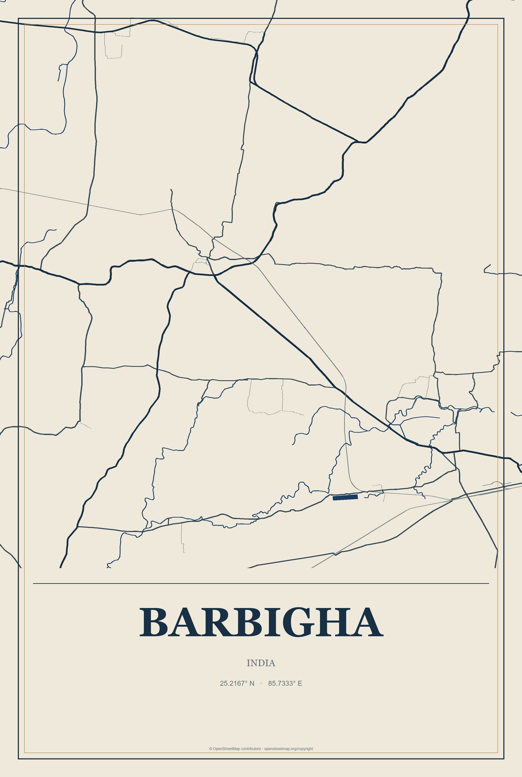 Barbigha, India City Map Aluminum Sign in Coastal Cutout style
