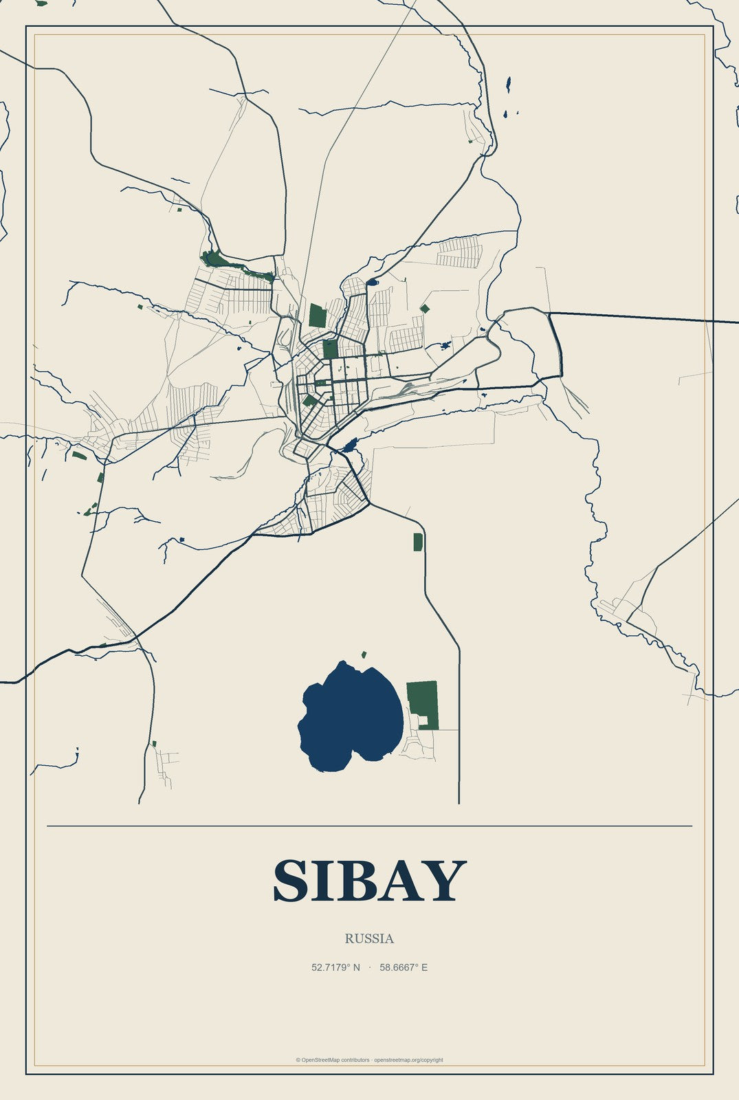 Sibay, Russia City Map Aluminum Sign in Coastal Cutout style
