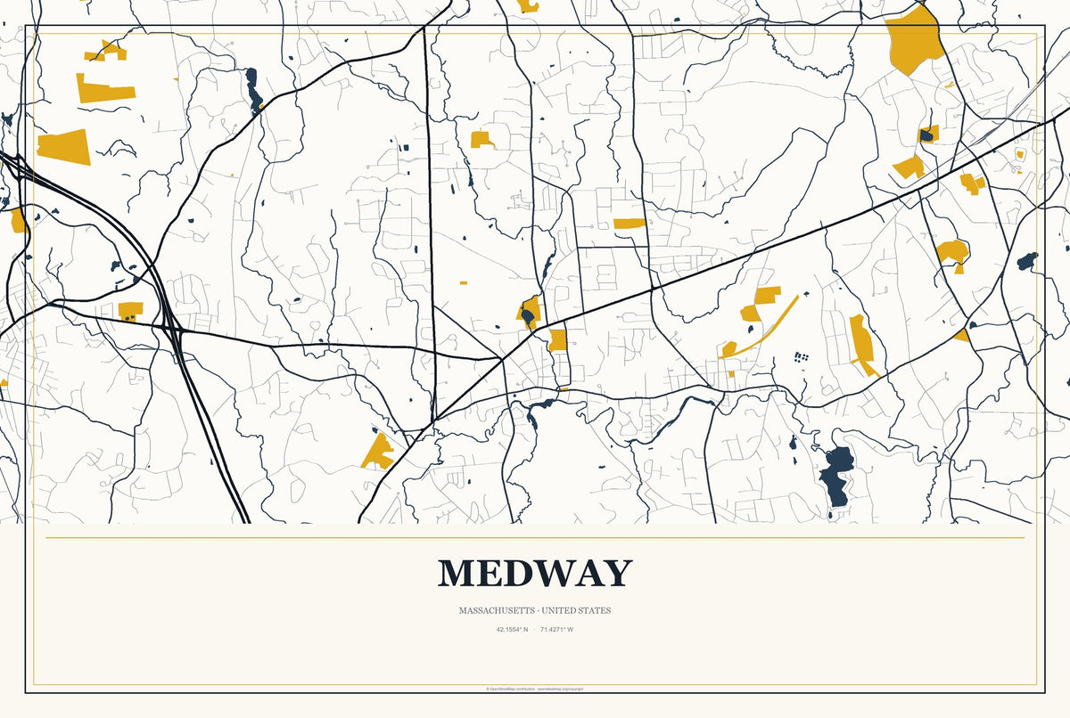 Medway, Massachusetts City Map Aluminum Sign in Citrine Modern style