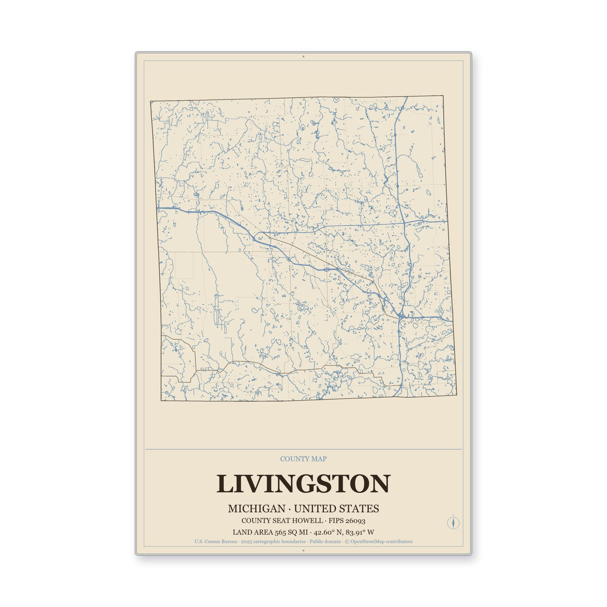 Livingston County, Michigan Map Aluminum Sign in Heritage Nautical style