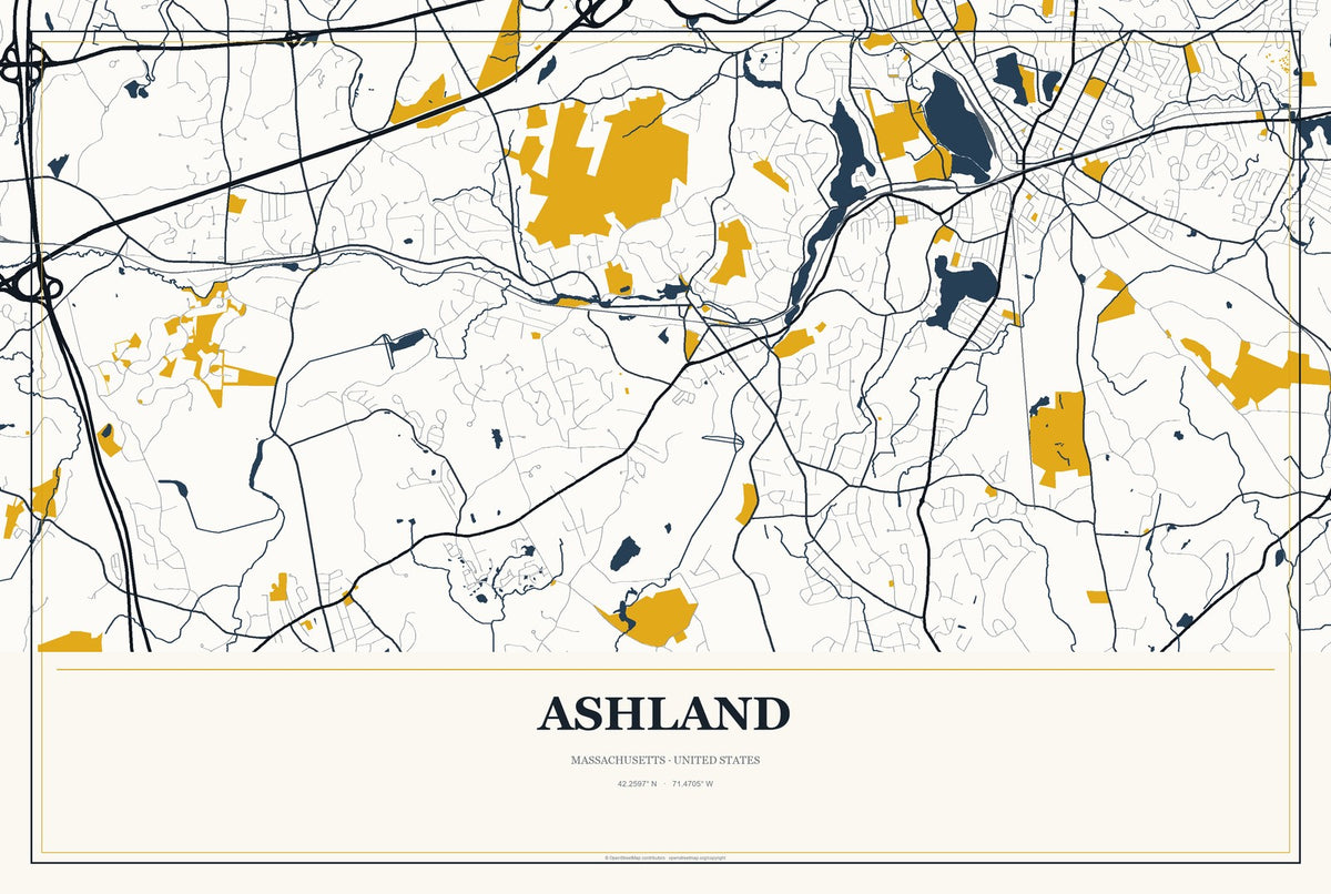 Ashland, Massachusetts City Map Aluminum Sign in Citrine Modern style