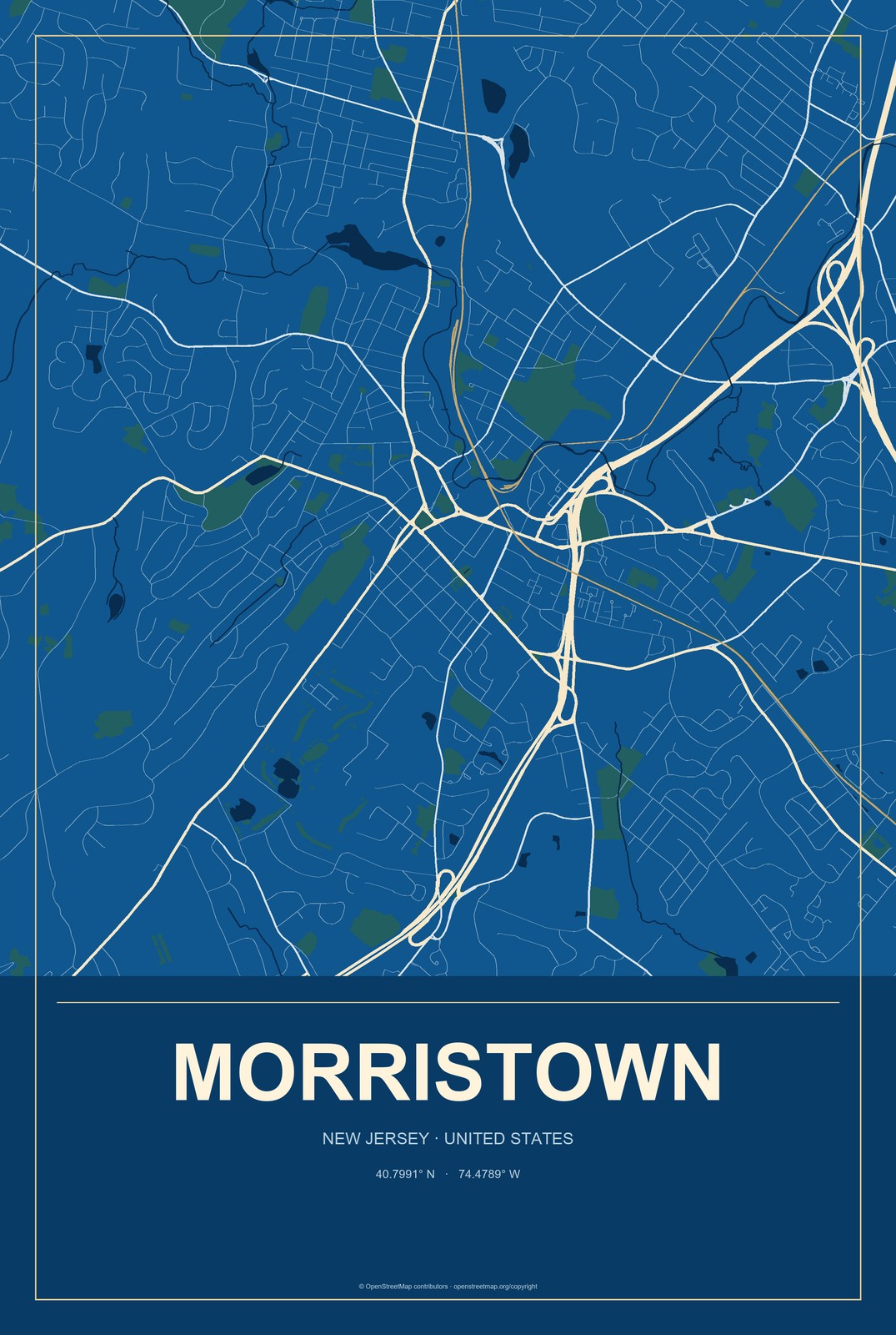 Morristown, New Jersey City Map Aluminum Sign in Harbor Cobalt style