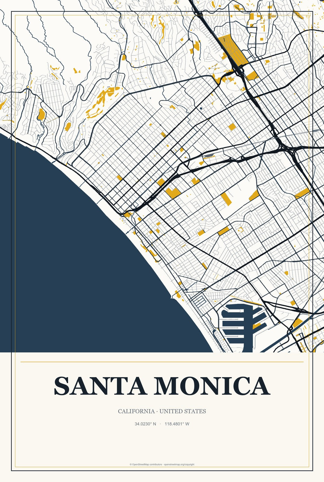 Santa Monica, California City Map Aluminum Sign in Citrine Modern style