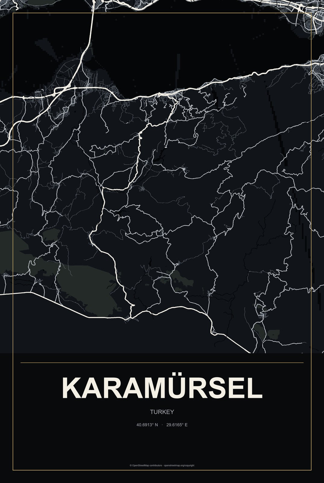 Karamürsel, Turkey City Map Aluminum Sign in Metropolitan Noir style