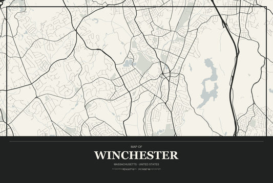 Winchester, Massachusetts City Map Aluminum Sign in Museum Plaque style