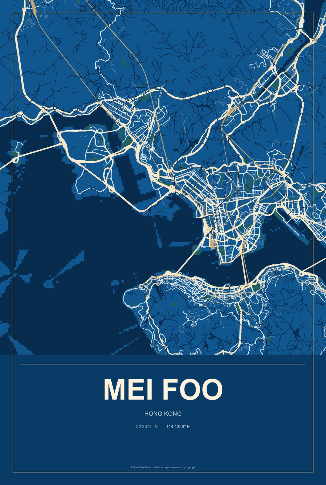 Mei Foo, Hong Kong City Map Aluminum Sign in Harbor Cobalt style