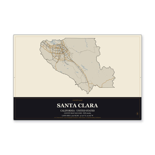 Santa Clara County, California Map Aluminum Sign in Museum Plaque style