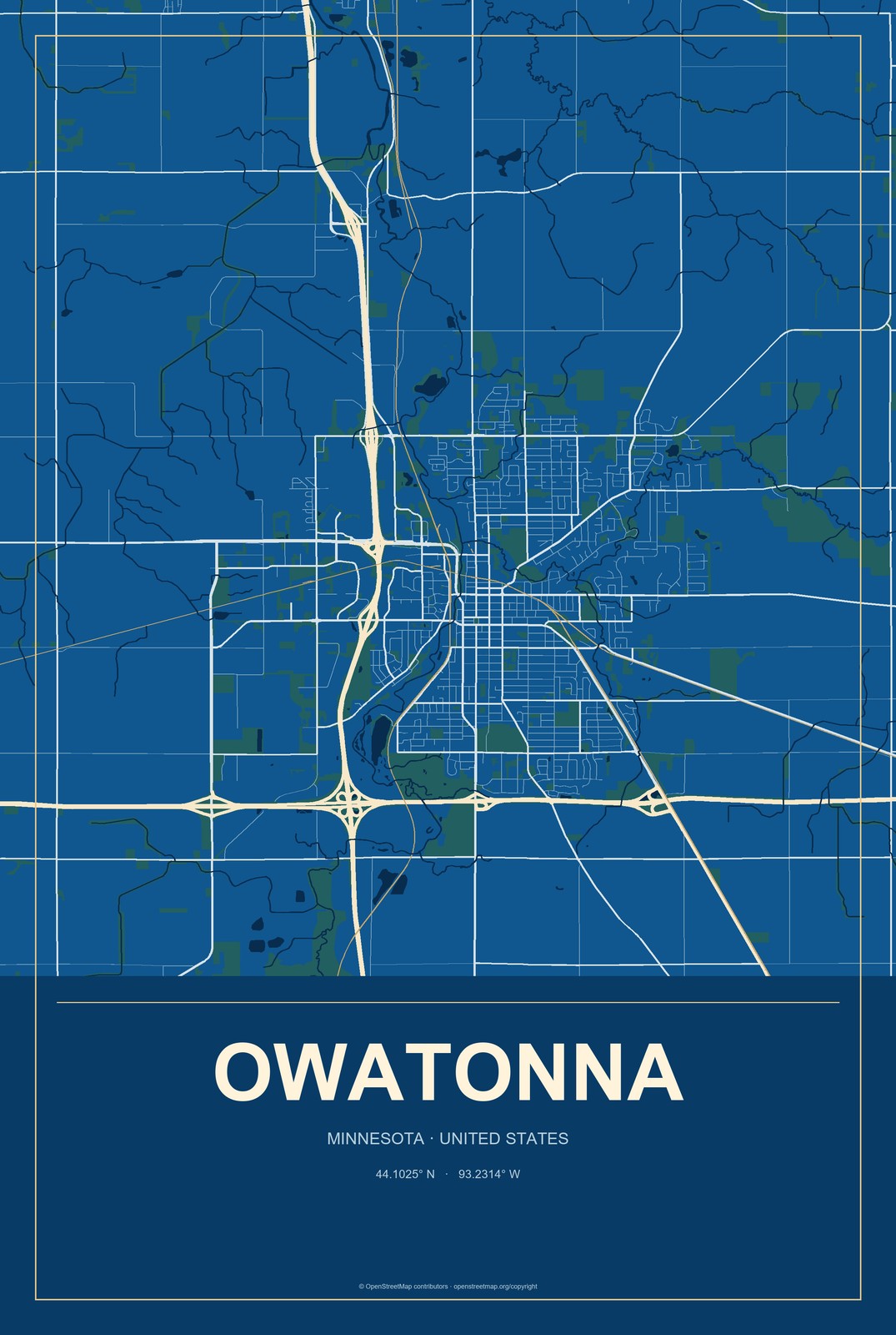 Owatonna, Minnesota City Map Aluminum Sign in Harbor Cobalt style