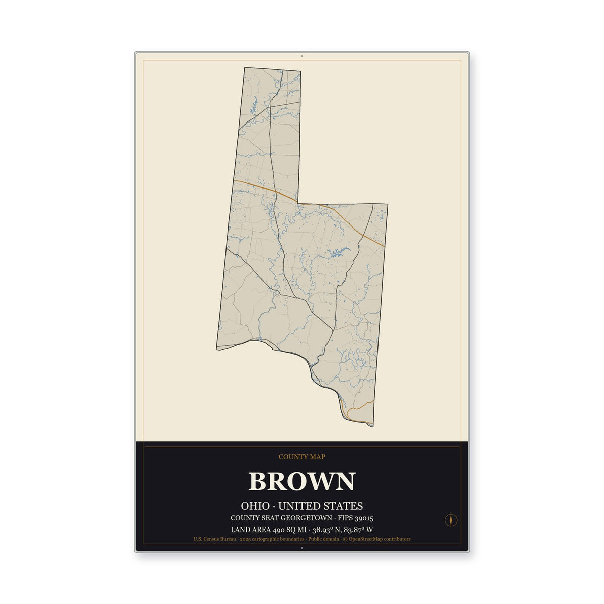 Brown County, Ohio Map Aluminum Sign in Museum Plaque style